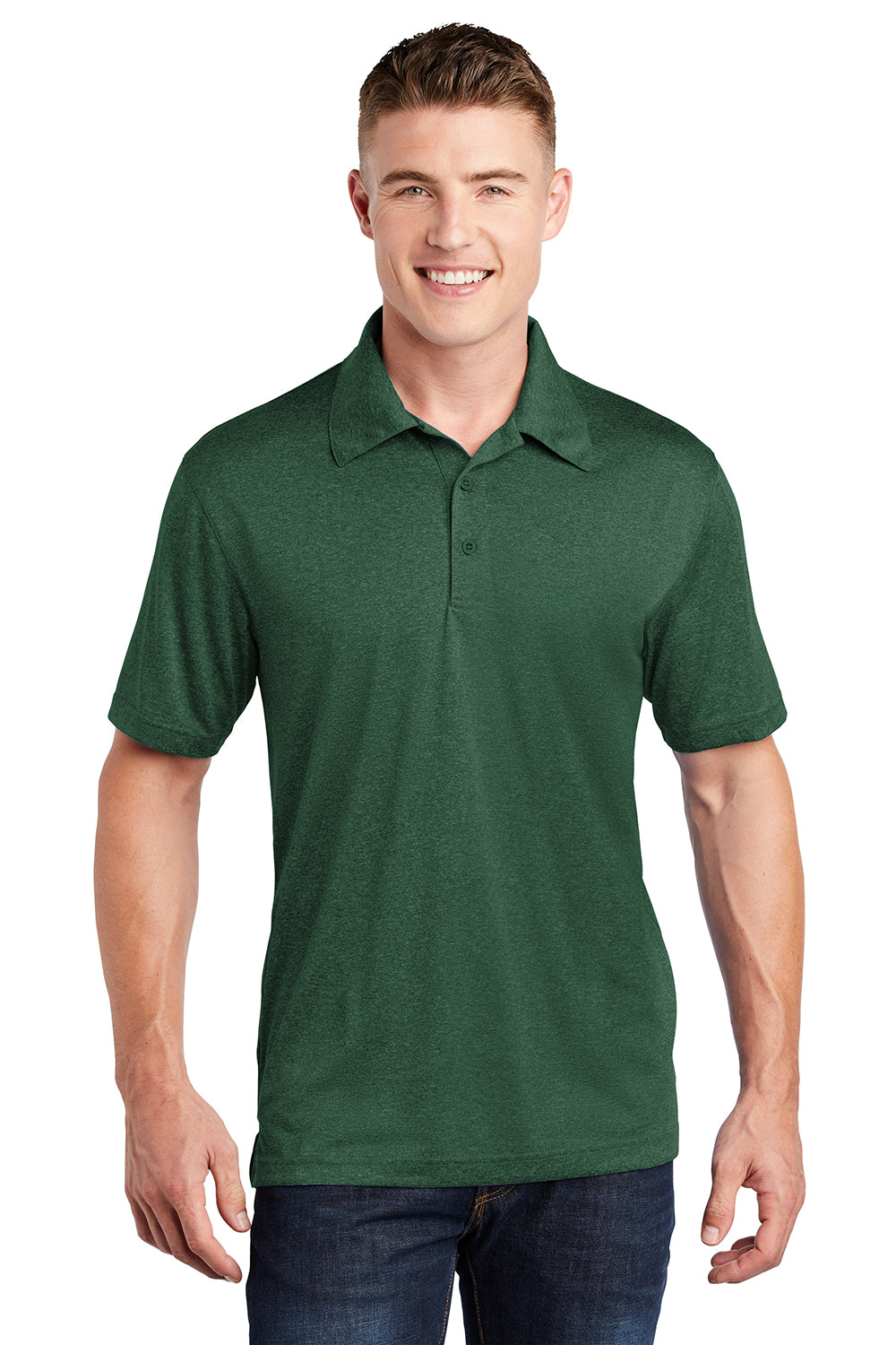 Sport-Tek ST660 Mens Heather Contender Moisture Wicking Short Sleeve Polo Shirt Heather Forest Green Model Front