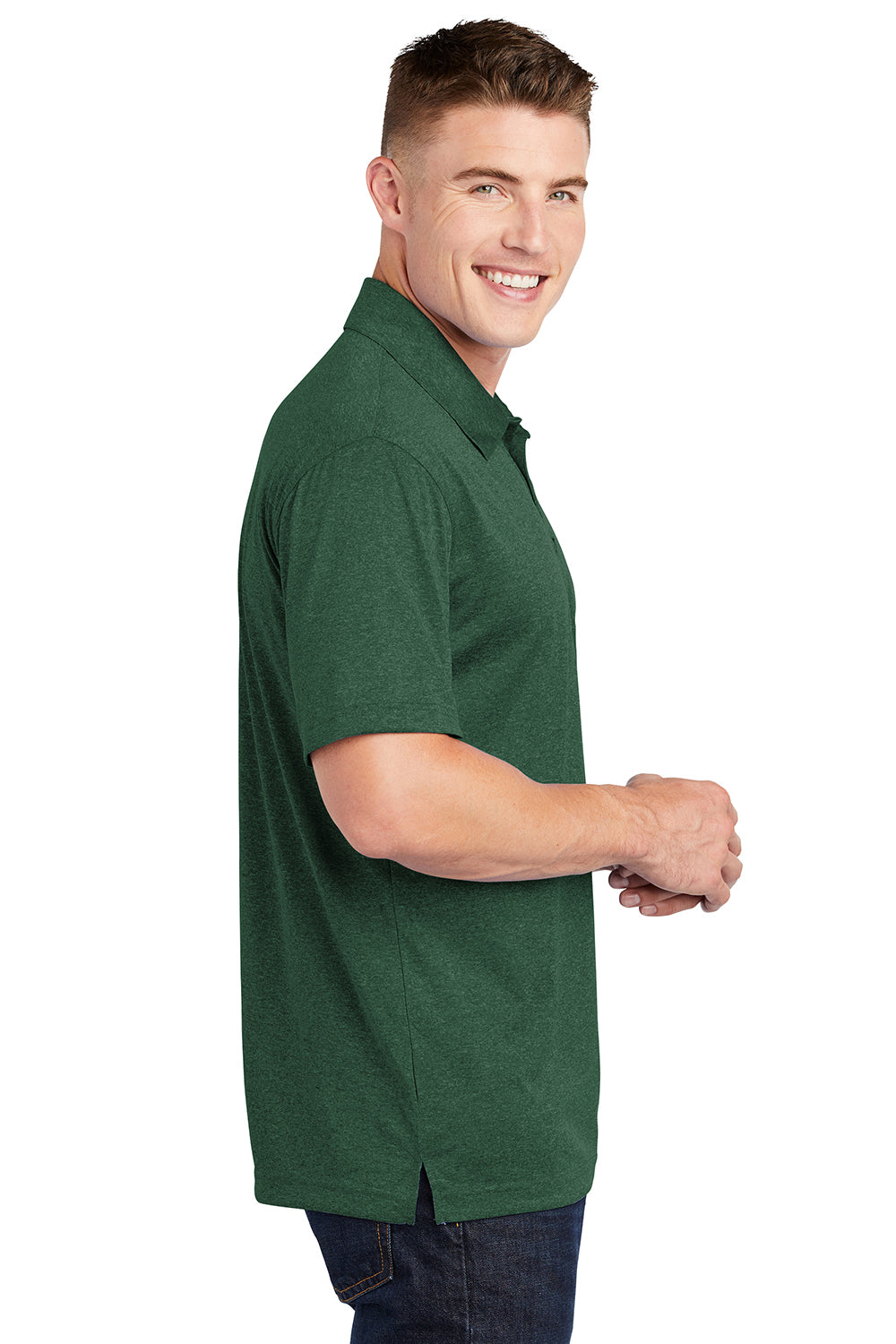 Sport-Tek ST660 Mens Heather Contender Moisture Wicking Short Sleeve Polo Shirt Heather Forest Green Model Side