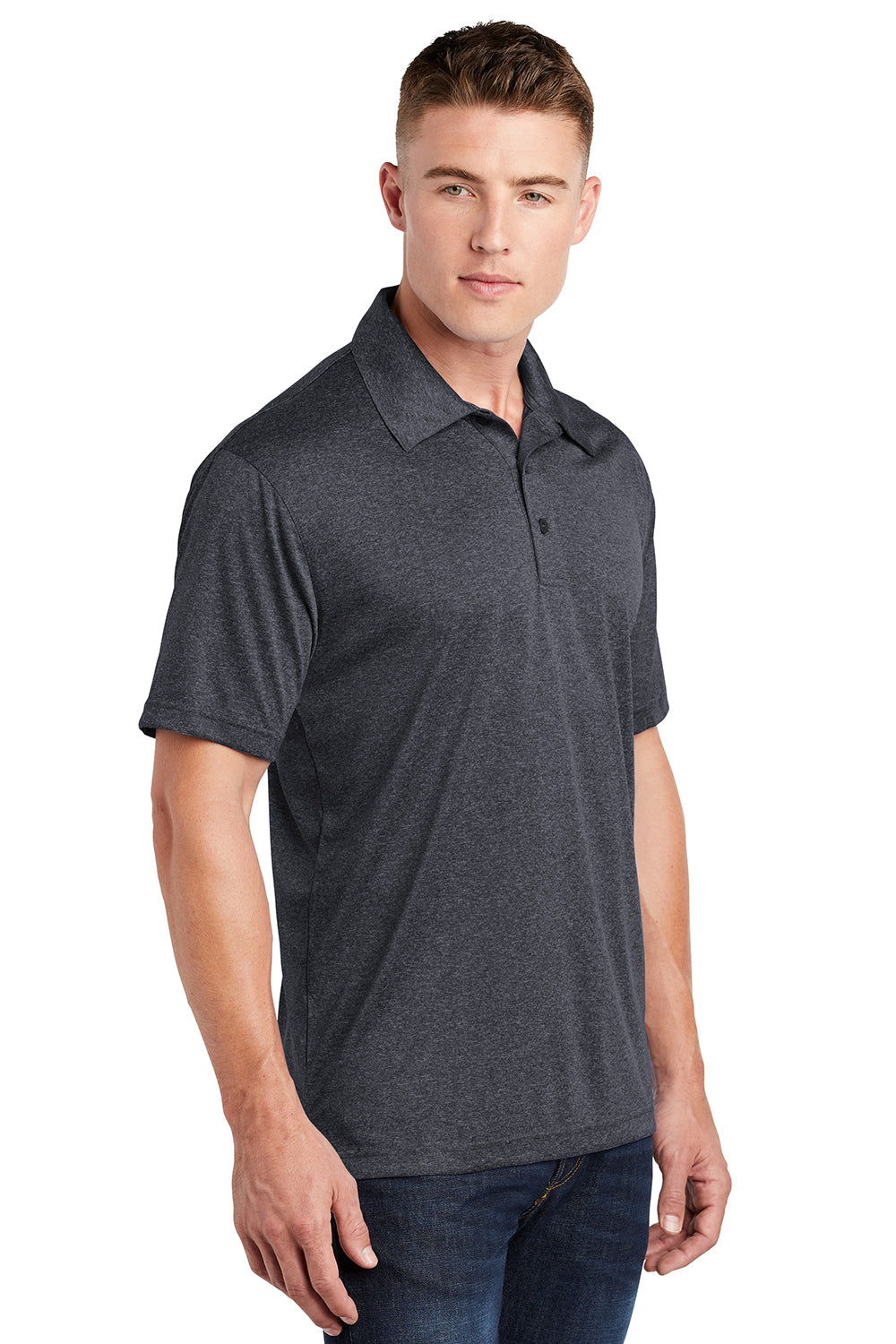 Sport-Tek ST660 Mens Heather Contender Moisture Wicking Short Sleeve Polo Shirt Heather Graphite Grey Model 3q