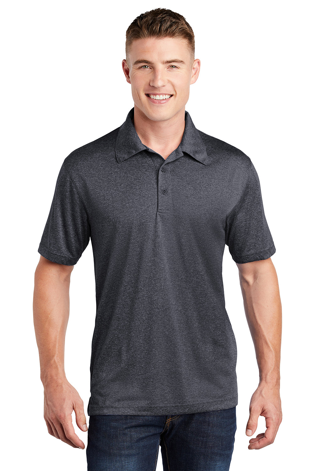 Sport-Tek ST660 Mens Heather Contender Moisture Wicking Short Sleeve Polo Shirt Heather Graphite Grey Model Front