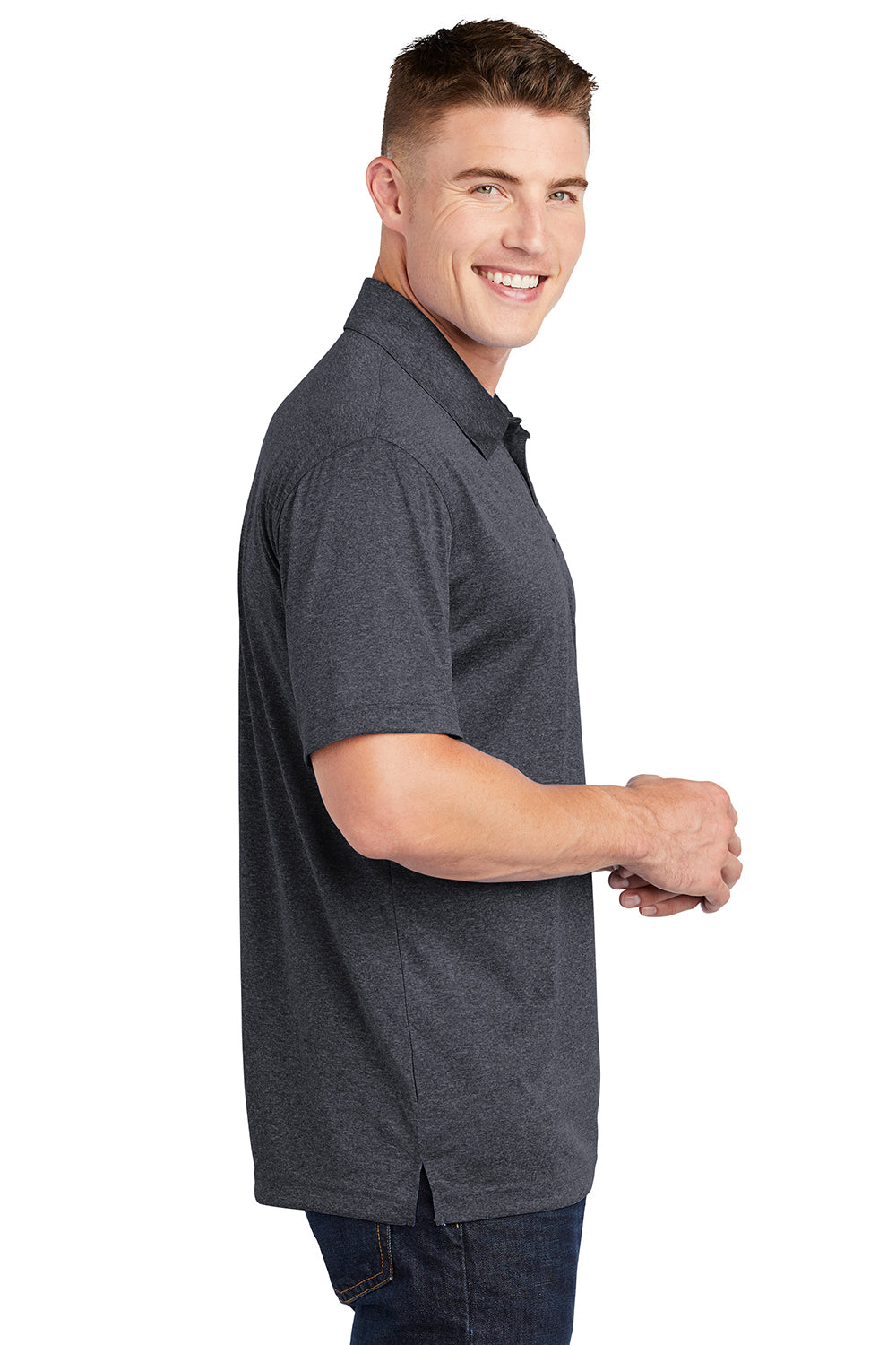 Sport-Tek ST660 Mens Heather Contender Moisture Wicking Short Sleeve Polo Shirt Heather Graphite Grey Model Side