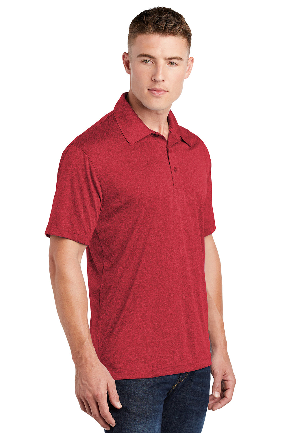 Sport-Tek ST660 Mens Heather Contender Moisture Wicking Short Sleeve Polo Shirt Heather True Scarlet Red Model 3q