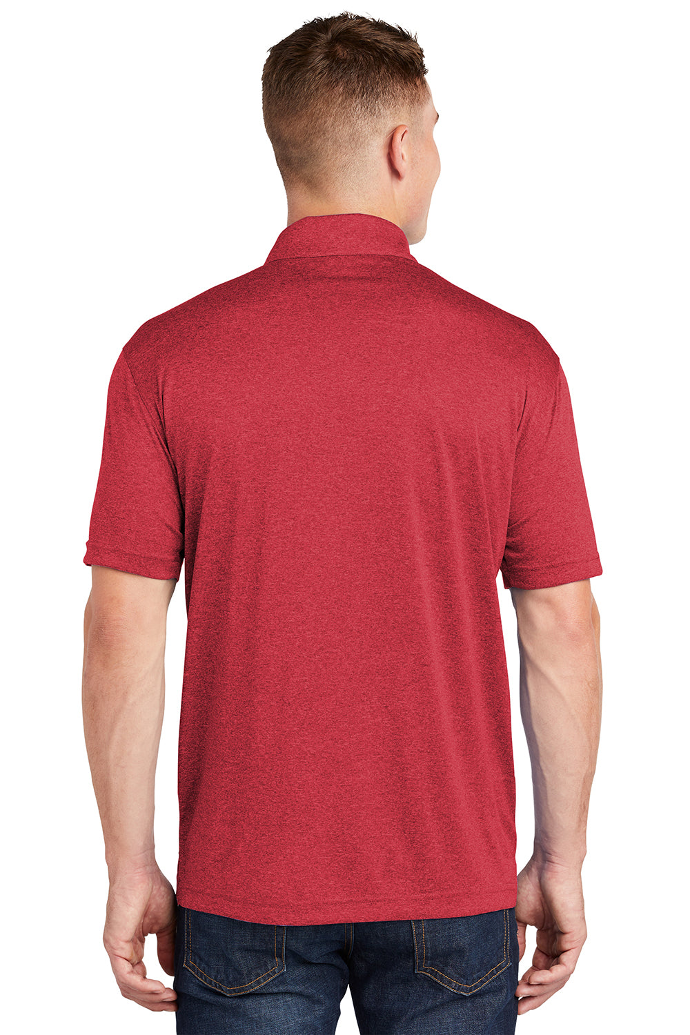 Sport-Tek ST660 Mens Heather Contender Moisture Wicking Short Sleeve Polo Shirt Heather True Scarlet Red Model Back