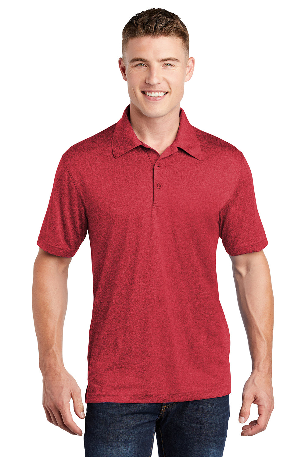 Sport-Tek ST660 Mens Heather Contender Moisture Wicking Short Sleeve Polo Shirt Heather True Scarlet Red Model Front