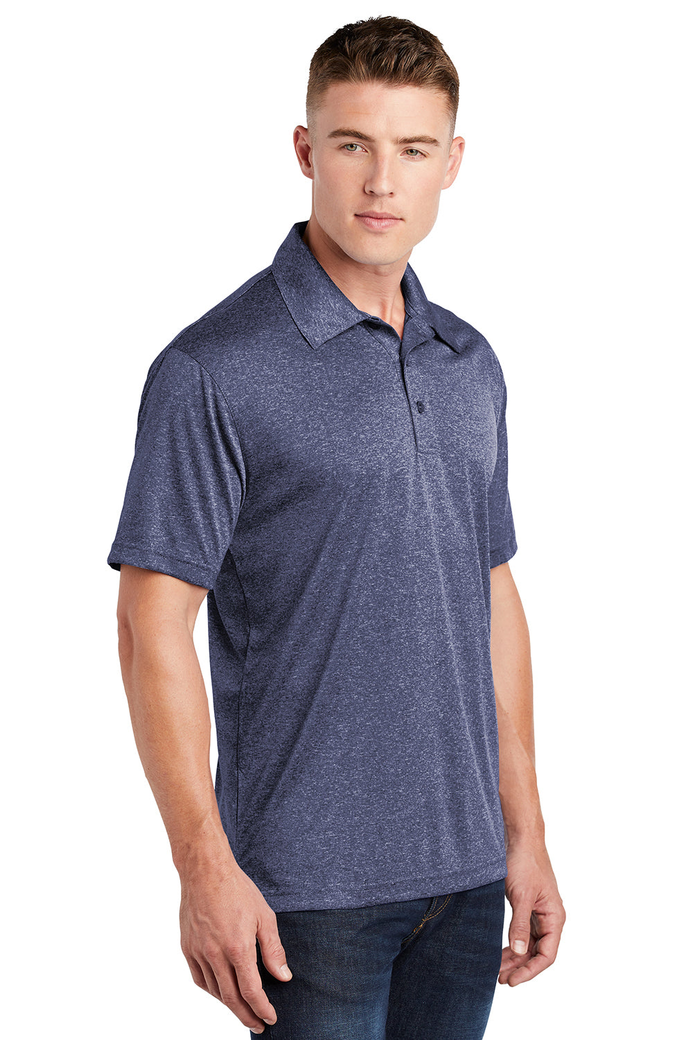 Sport-Tek ST660 Mens Heather Contender Moisture Wicking Short Sleeve Polo Shirt Heather True Navy Blue Model 3q