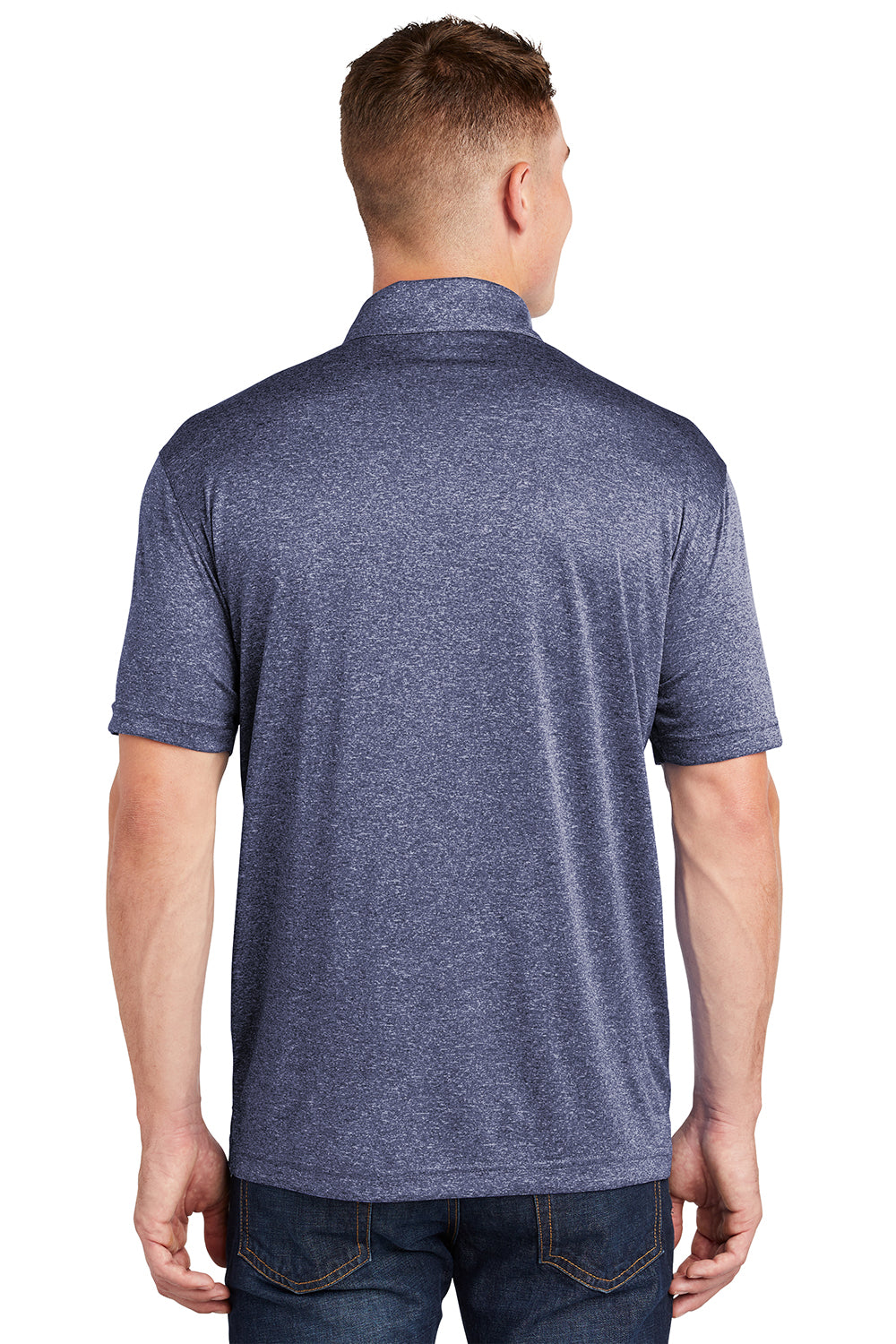 Sport-Tek ST660 Mens Heather Contender Moisture Wicking Short Sleeve Polo Shirt Heather True Navy Blue Model Back