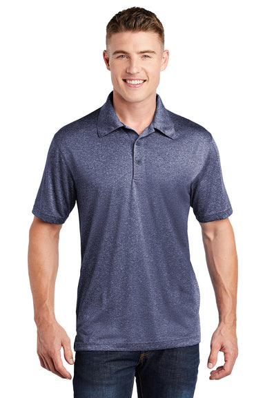 Sport-Tek ST660 Mens Heather Contender Moisture Wicking Short Sleeve Polo Shirt Heather True Navy Blue Model Front