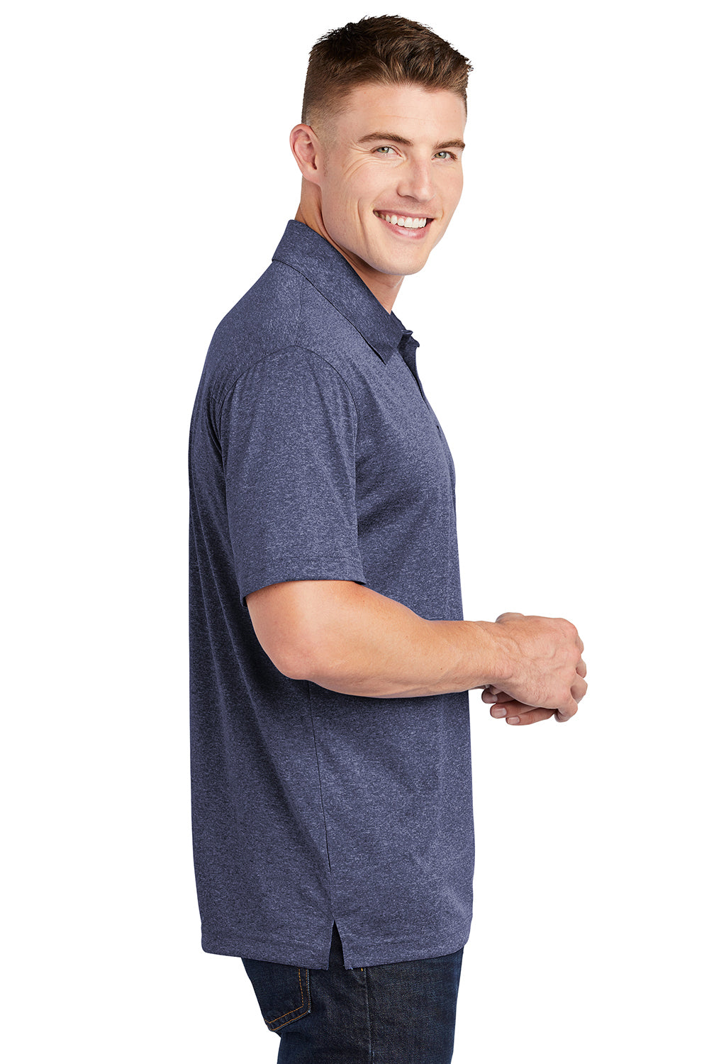 Sport-Tek ST660 Mens Heather Contender Moisture Wicking Short Sleeve Polo Shirt Heather True Navy Blue Model Side