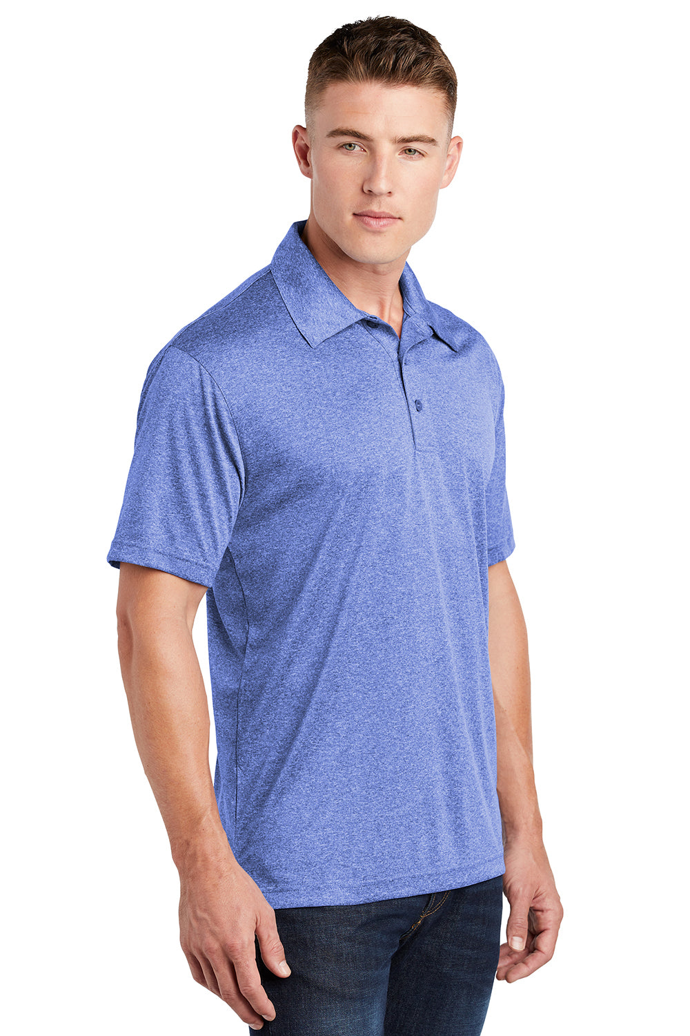 Sport-Tek ST660 Mens Heather Contender Moisture Wicking Short Sleeve Polo Shirt Heather True Royal Blue Model 3q