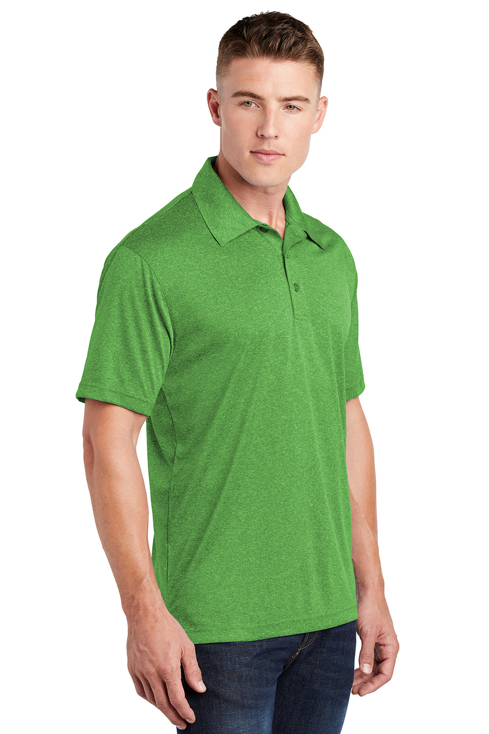 Sport-Tek ST660 Mens Heather Contender Moisture Wicking Short Sleeve Polo Shirt Heather Turf Green Model 3q