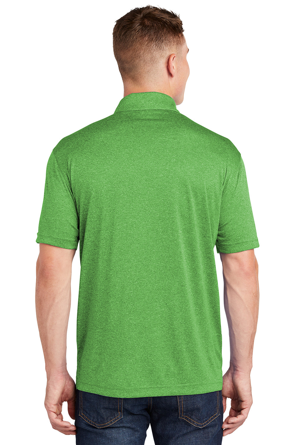 Sport-Tek ST660 Mens Heather Contender Moisture Wicking Short Sleeve Polo Shirt Heather Turf Green Model Back