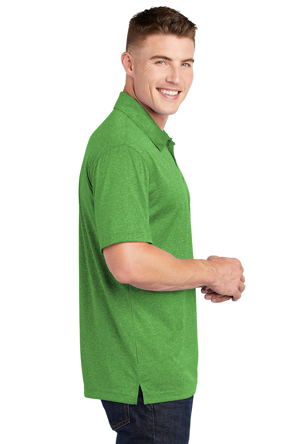 Sport-Tek ST660 Mens Heather Contender Moisture Wicking Short Sleeve Polo Shirt Heather Turf Green Model Side