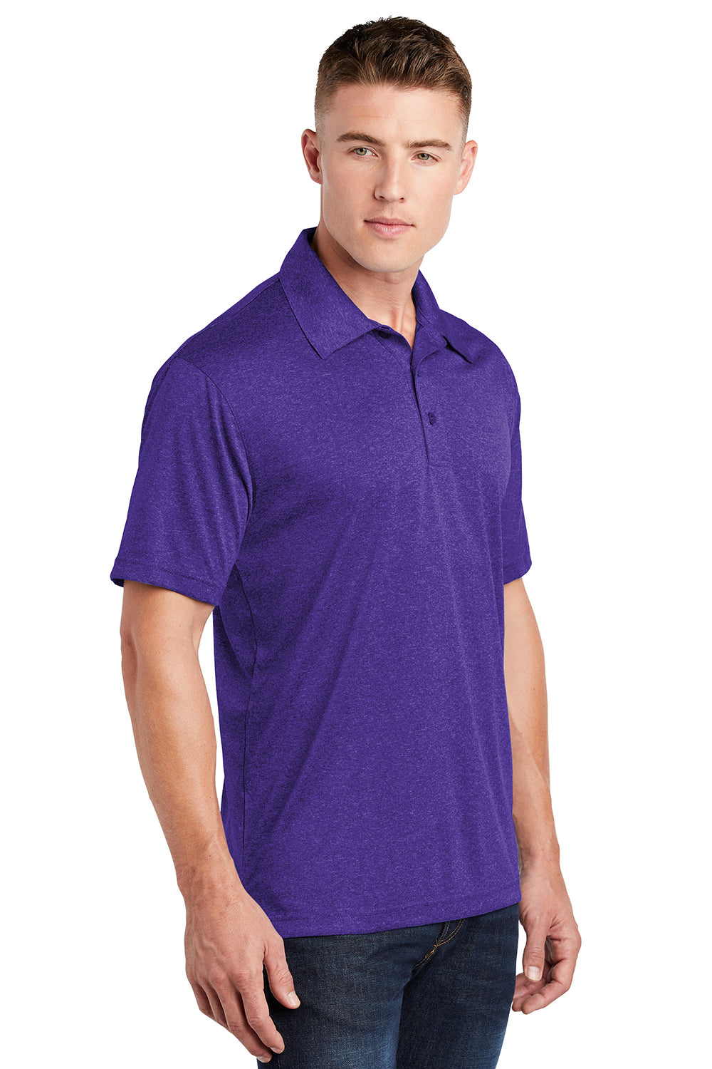 Sport-Tek ST660 Mens Heather Contender Moisture Wicking Short Sleeve Polo Shirt Heather Varsity Purple Model 3q