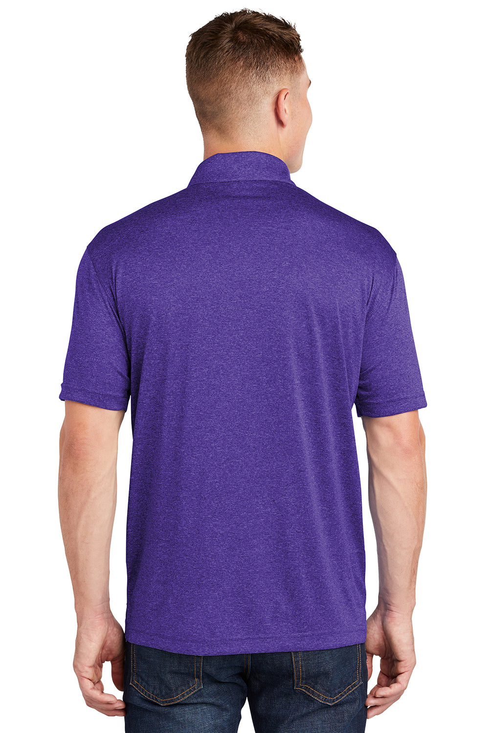 Sport-Tek ST660 Mens Heather Contender Moisture Wicking Short Sleeve Polo Shirt Heather Varsity Purple Model Back