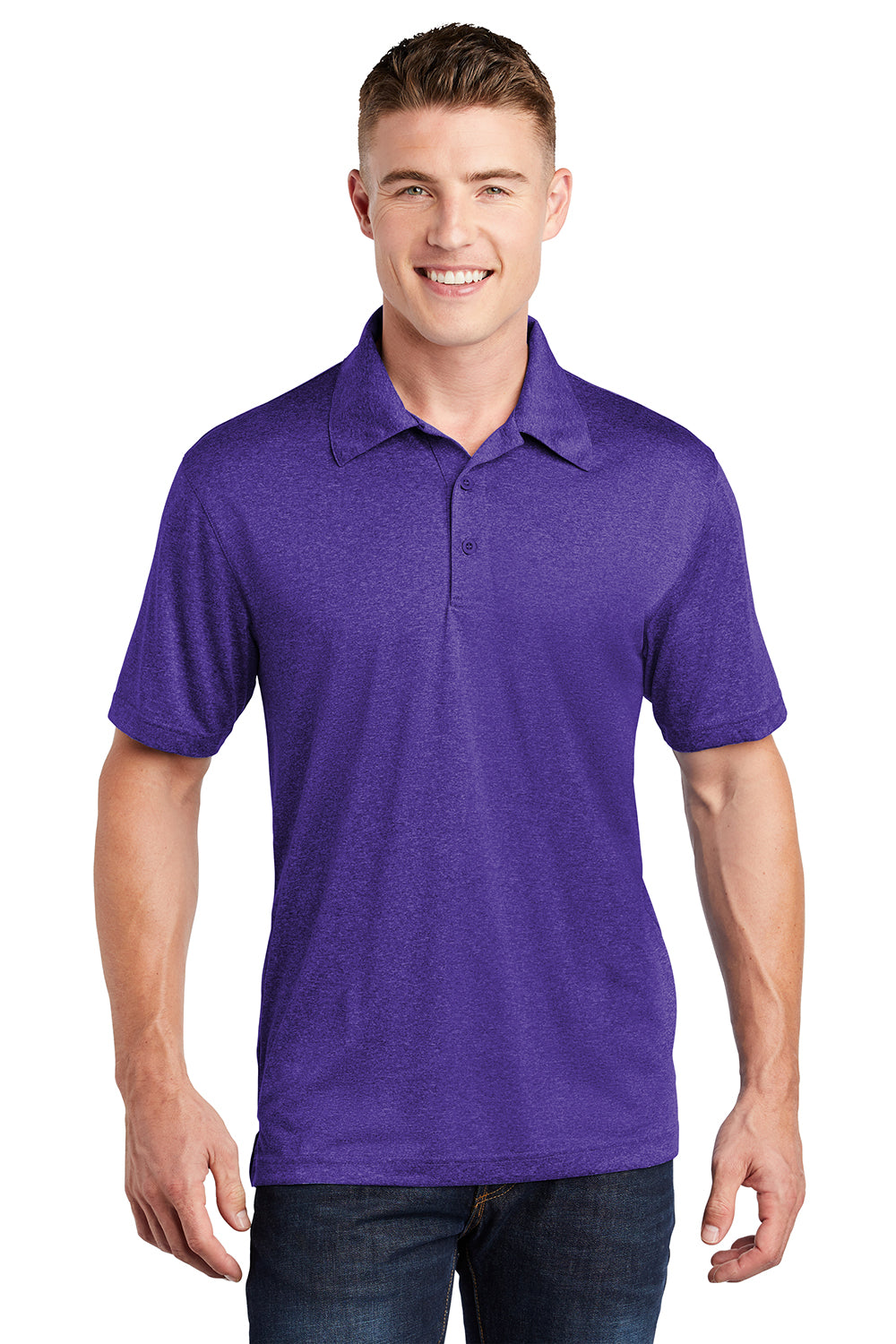 Sport-Tek ST660 Mens Heather Contender Moisture Wicking Short Sleeve Polo Shirt Heather Varsity Purple Model Front