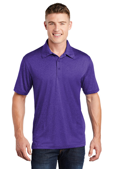 Sport-Tek ST660 Mens Heather Contender Moisture Wicking Short Sleeve Polo Shirt Heather Varsity Purple Model Front