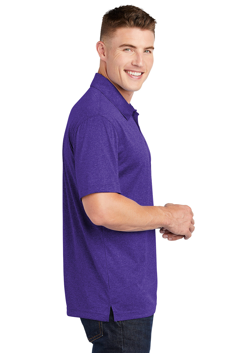 Sport-Tek ST660 Mens Heather Contender Moisture Wicking Short Sleeve Polo Shirt Heather Varsity Purple Model Side