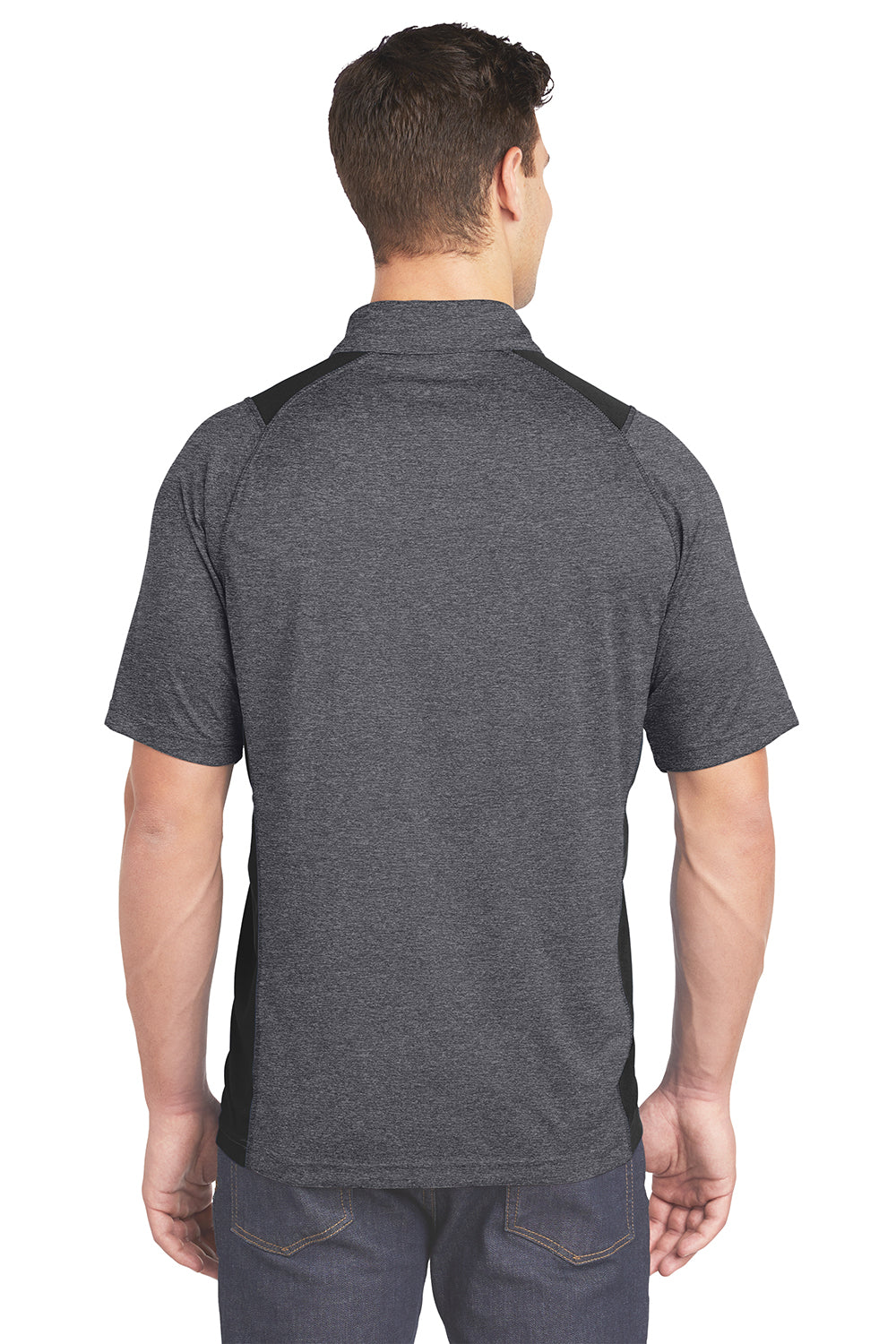 Sport-Tek ST665 Mens Heather Contender Moisture Wicking Short Sleeve Polo Shirt Heather Graphite Grey/Black Model Back