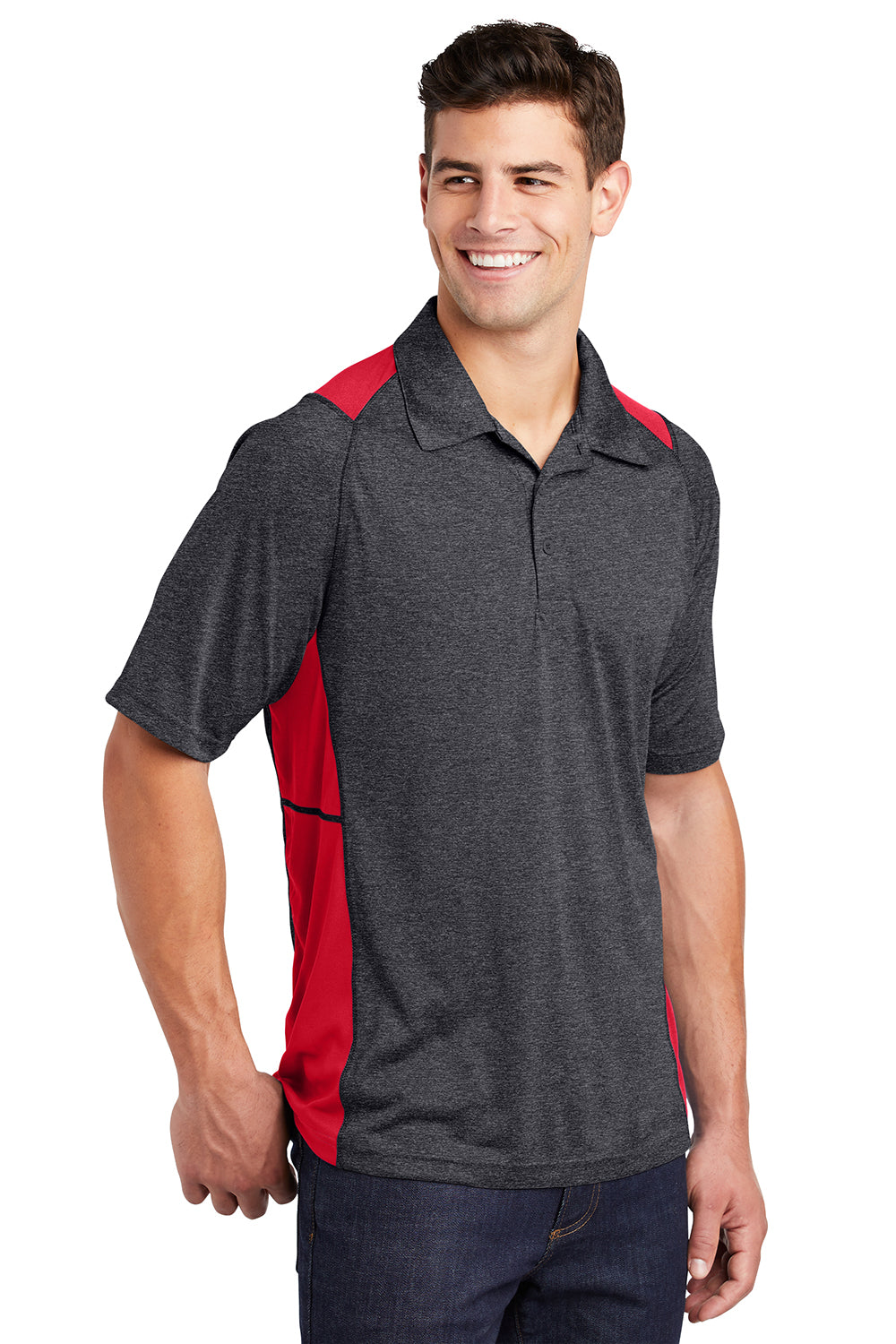 Sport-Tek ST665 Mens Heather Contender Moisture Wicking Short Sleeve Polo Shirt Heather Graphite Grey/True Red Model 3q