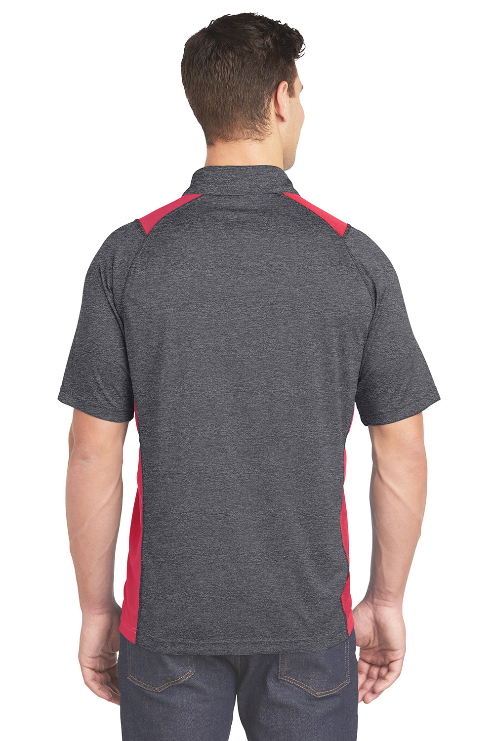 Sport-Tek ST665 Mens Heather Contender Moisture Wicking Short Sleeve Polo Shirt Heather Graphite Grey/True Red Model Back