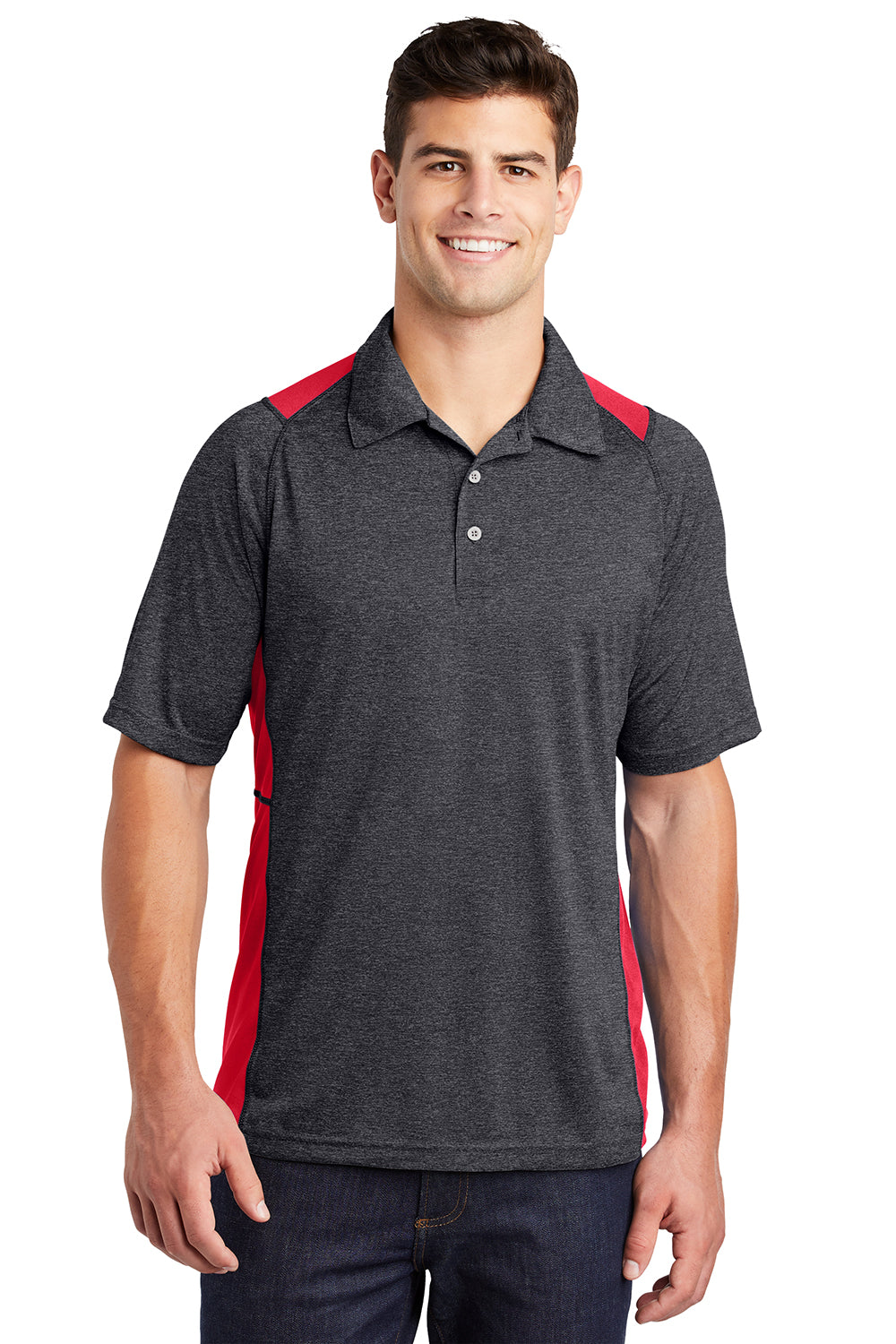 Sport-Tek ST665 Mens Heather Contender Moisture Wicking Short Sleeve Polo Shirt Heather Graphite Grey/True Red Model Front