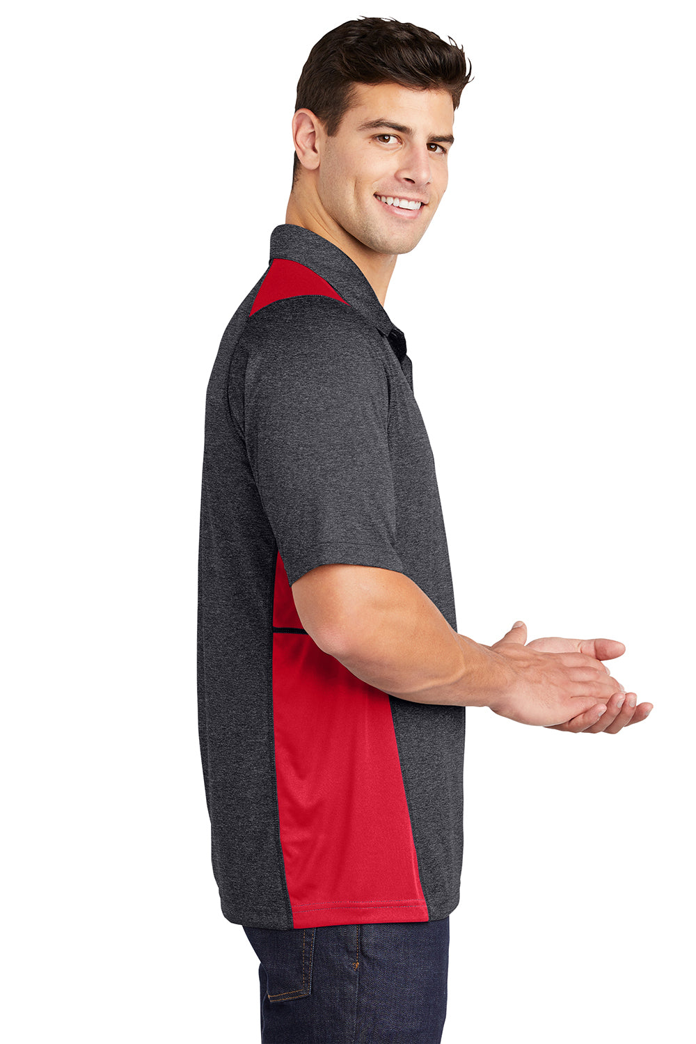 Sport-Tek ST665 Mens Heather Contender Moisture Wicking Short Sleeve Polo Shirt Heather Graphite Grey/True Red Model Side