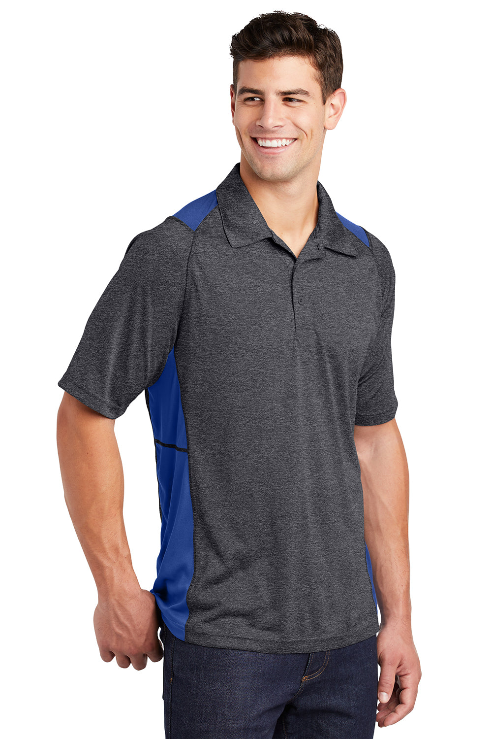 Sport-Tek ST665 Mens Heather Contender Moisture Wicking Short Sleeve Polo Shirt Heather Graphite Grey/True Royal Blue Model 3q