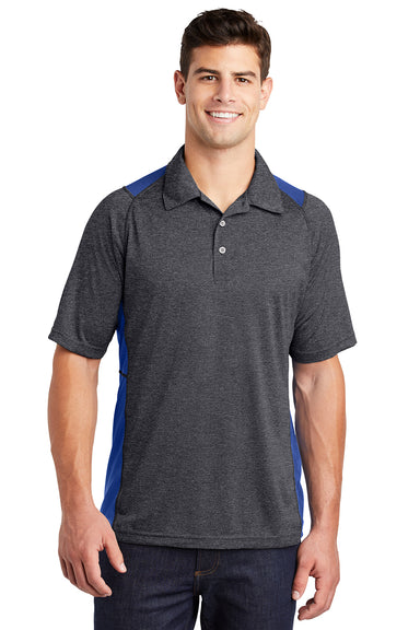 Sport-Tek ST665 Mens Heather Contender Moisture Wicking Short Sleeve Polo Shirt Heather Graphite Grey/True Royal Blue Model Front