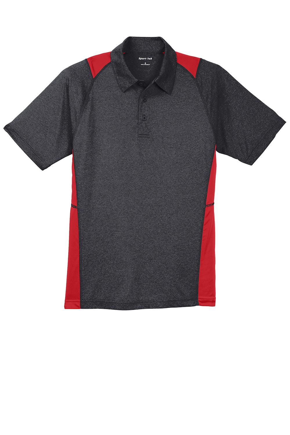 Sport-Tek ST665 Mens Heather Contender Moisture Wicking Short Sleeve Polo Shirt Heather Graphite Grey/True Red Flat Front