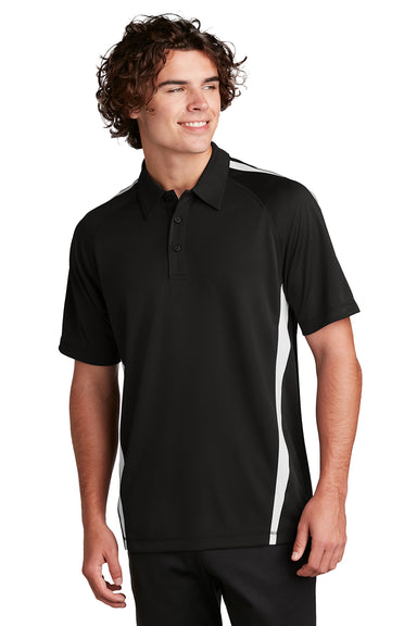 Sport-Tek ST685 Mens Micro-Mesh Moisture Wicking Short Sleeve Polo Shirt Black/White Model Front