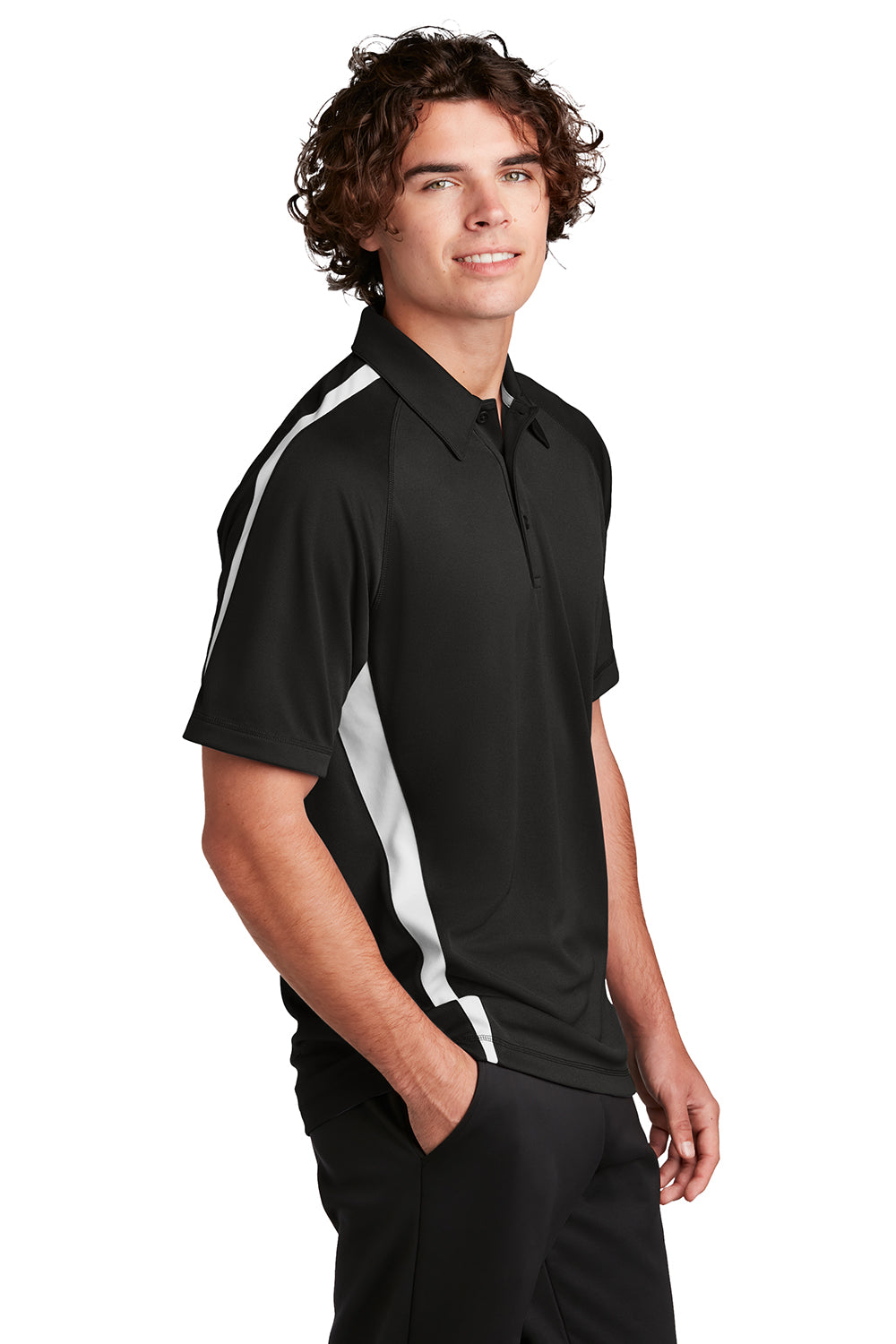 Sport-Tek ST685 Mens Micro-Mesh Moisture Wicking Short Sleeve Polo Shirt Black/White Model Side