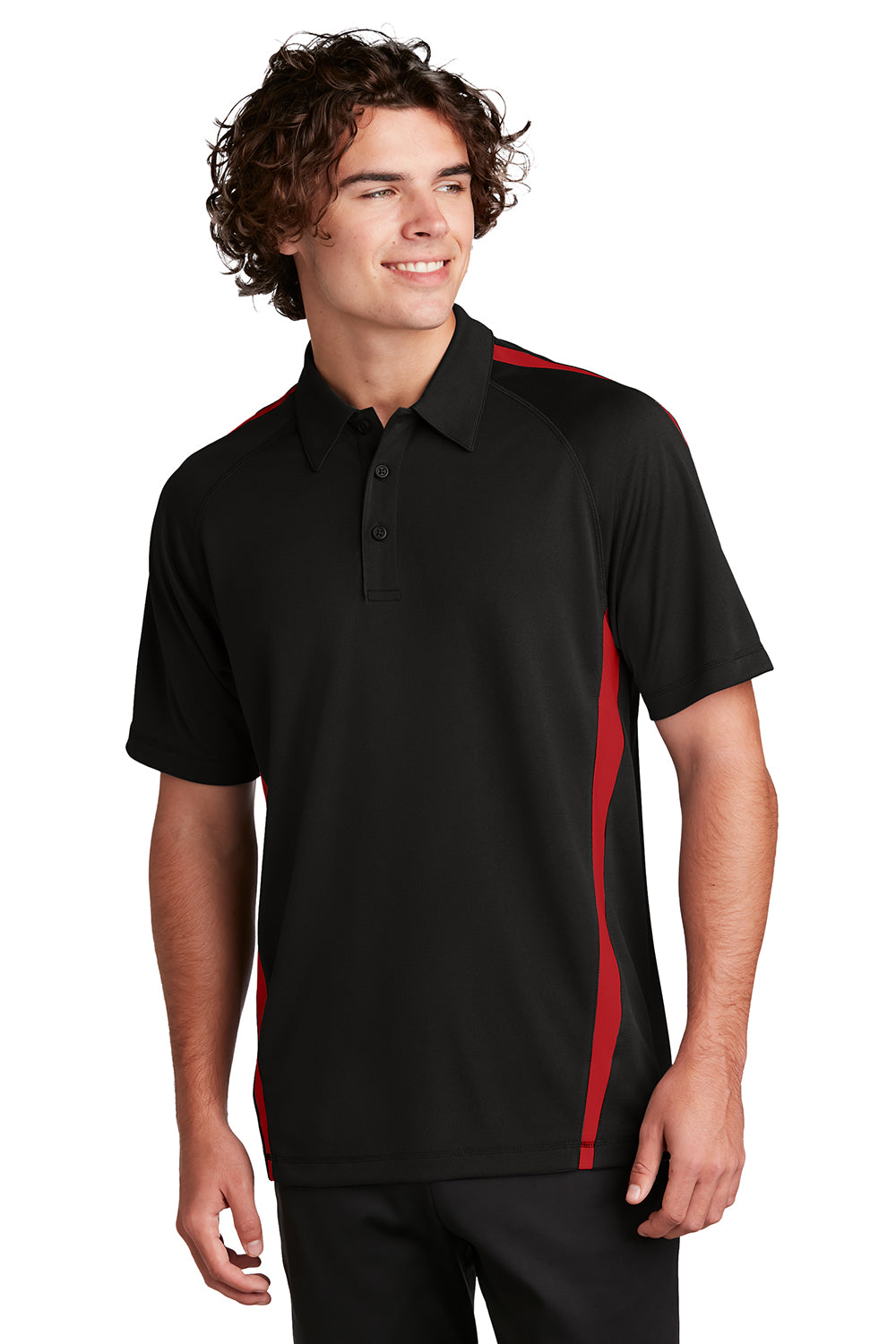 Sport-Tek ST685 Mens Micro-Mesh Moisture Wicking Short Sleeve Polo Shirt Black/Red Model Front