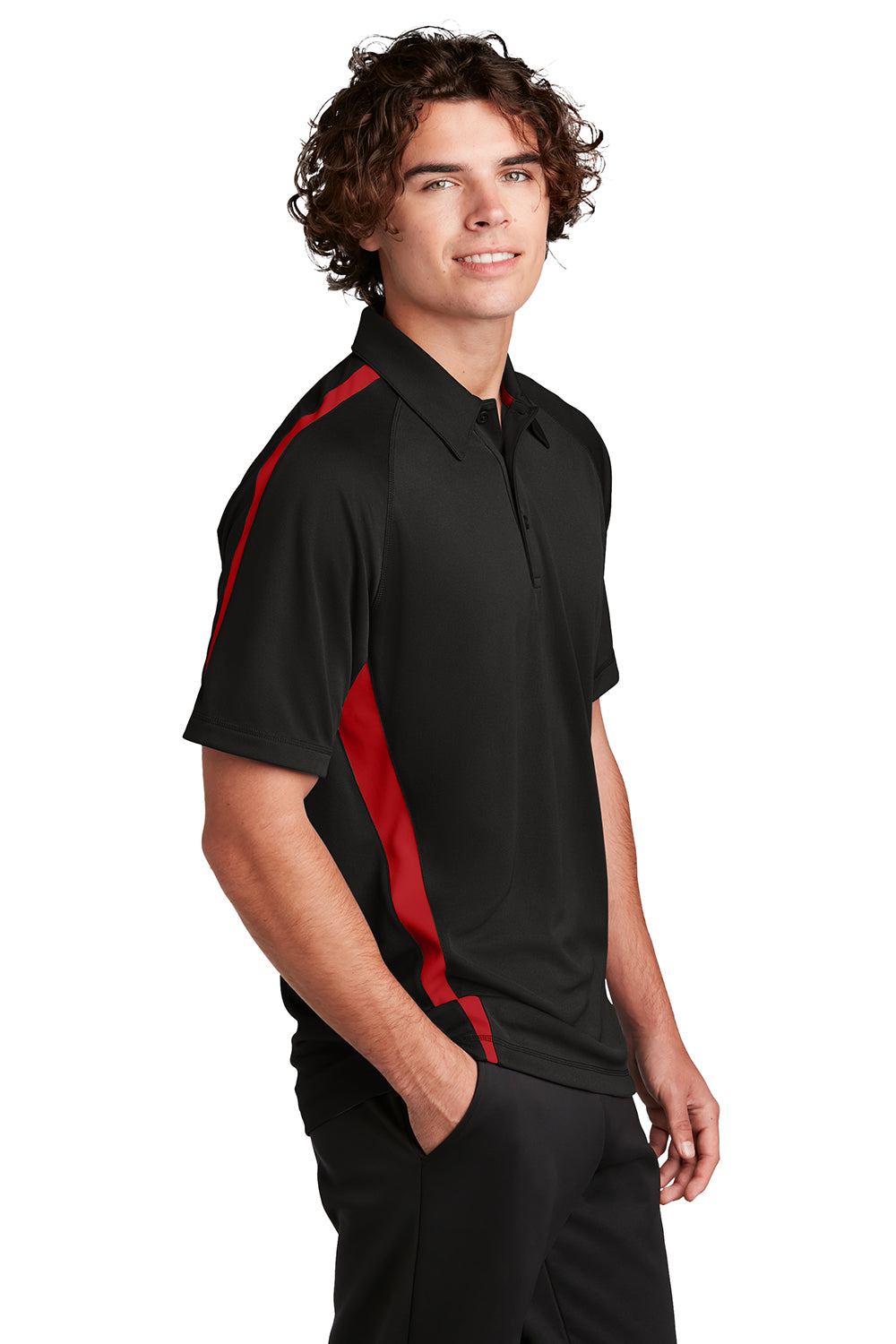 Sport-Tek ST685 Mens Micro-Mesh Moisture Wicking Short Sleeve Polo Shirt Black/Red Model Side