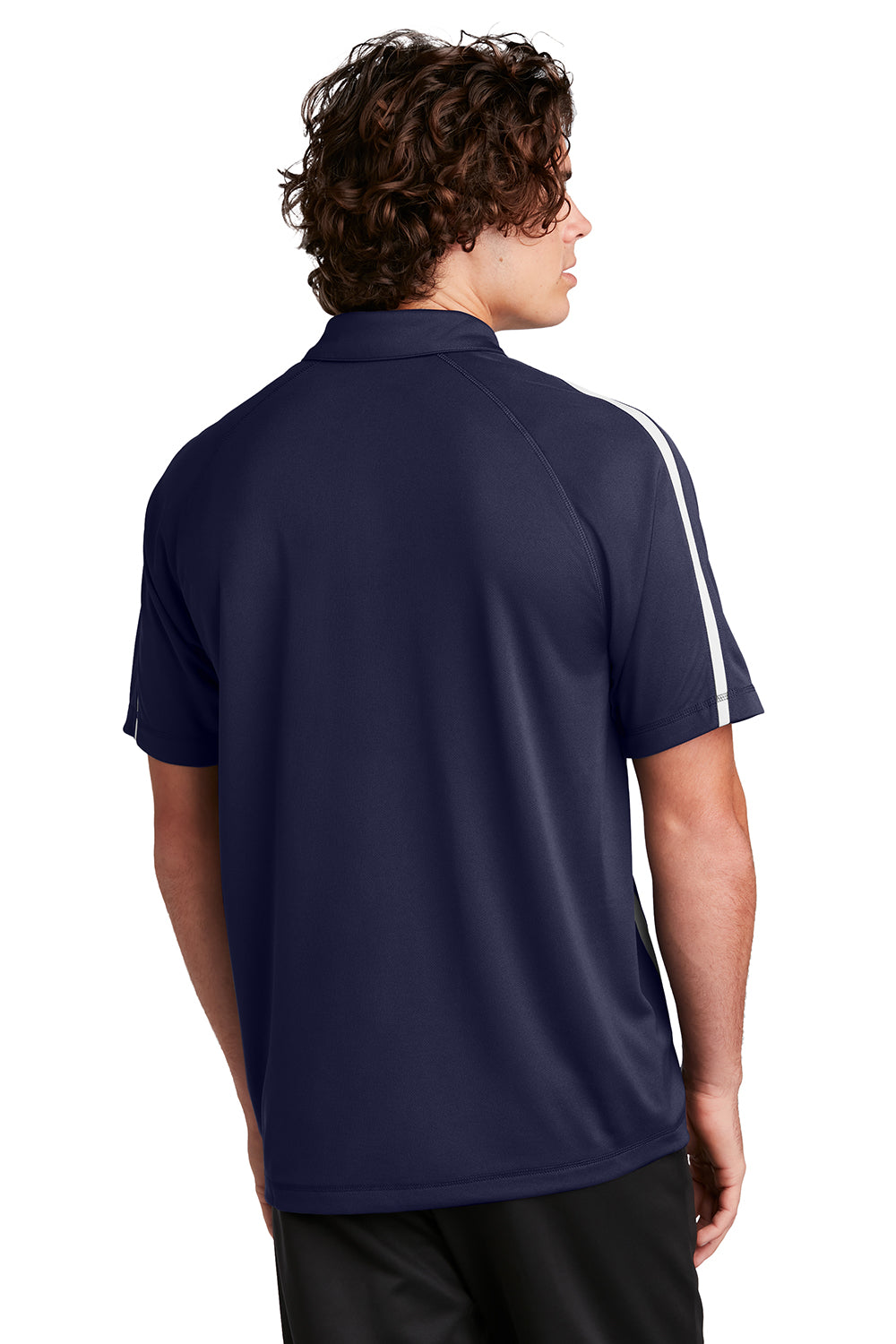 Sport-Tek ST685 Mens Micro-Mesh Moisture Wicking Short Sleeve Polo Shirt True Navy Blue/White Model Back