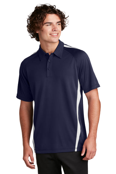 Sport-Tek ST685 Mens Micro-Mesh Moisture Wicking Short Sleeve Polo Shirt True Navy Blue/White Model Front