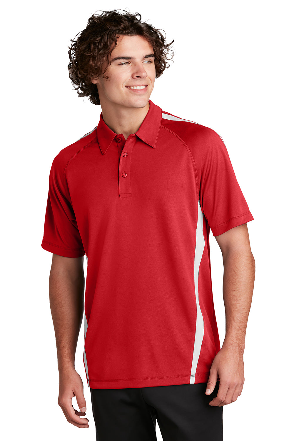 Sport-Tek ST685 Mens Micro-Mesh Moisture Wicking Short Sleeve Polo Shirt True Red/White Model Front