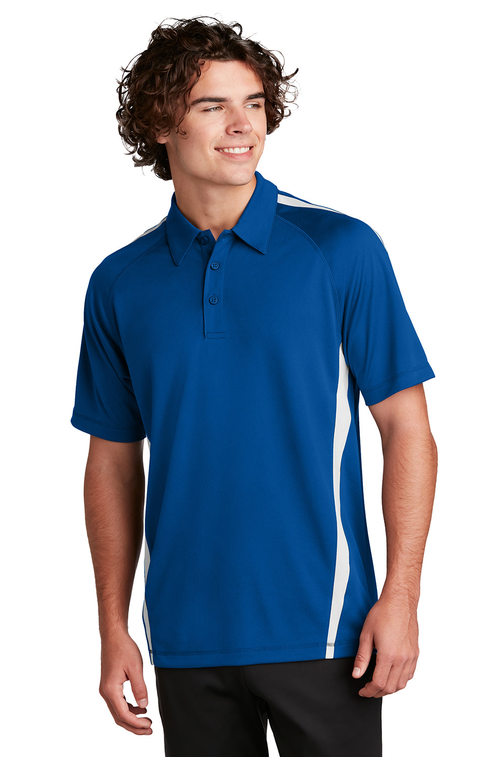 Sport-Tek ST685 Mens Micro-Mesh Moisture Wicking Short Sleeve Polo Shirt True Royal Blue/White Model Front