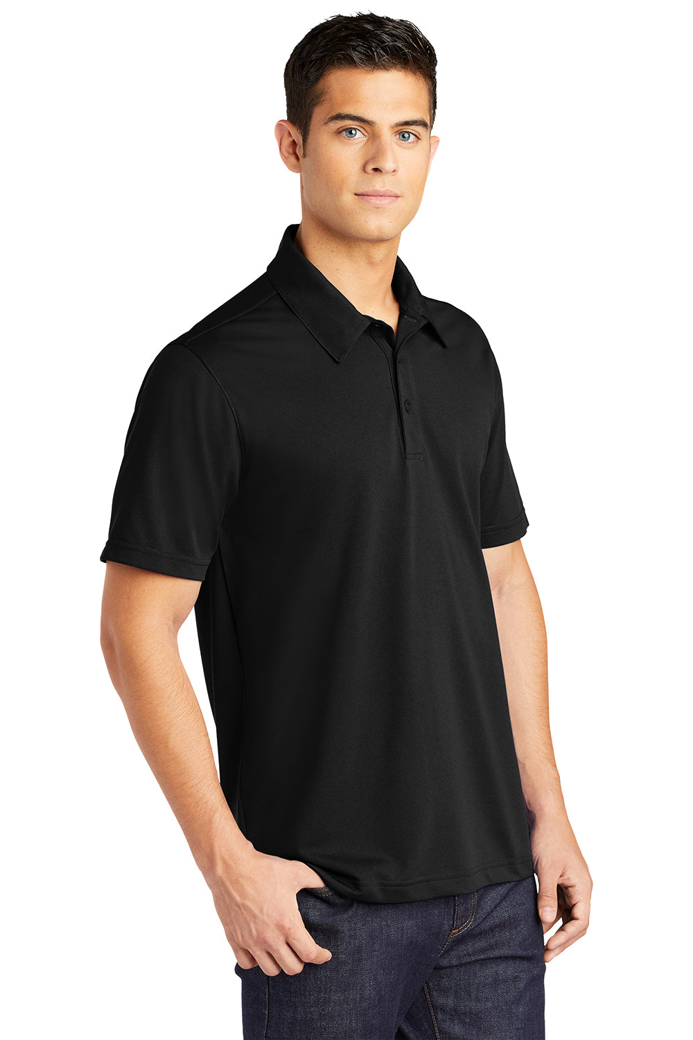 Sport-Tek ST690 Mens Active Mesh Moisture Wicking Short Sleeve Polo Shirt Black Model 3q