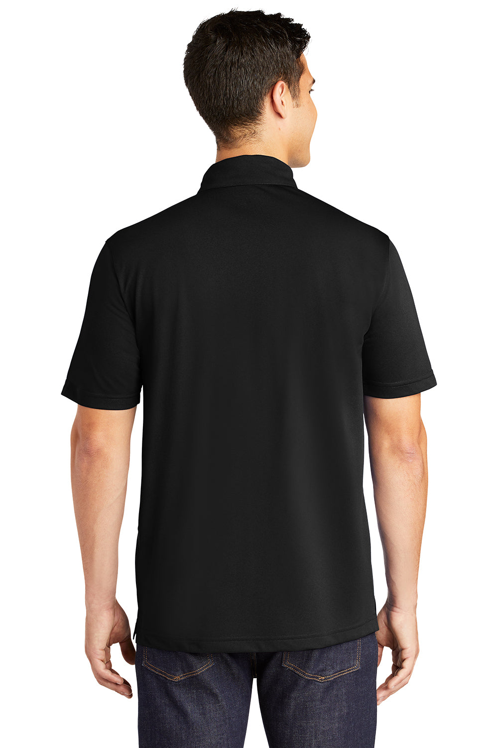 Sport-Tek ST690 Mens Active Mesh Moisture Wicking Short Sleeve Polo Shirt Black Model Back