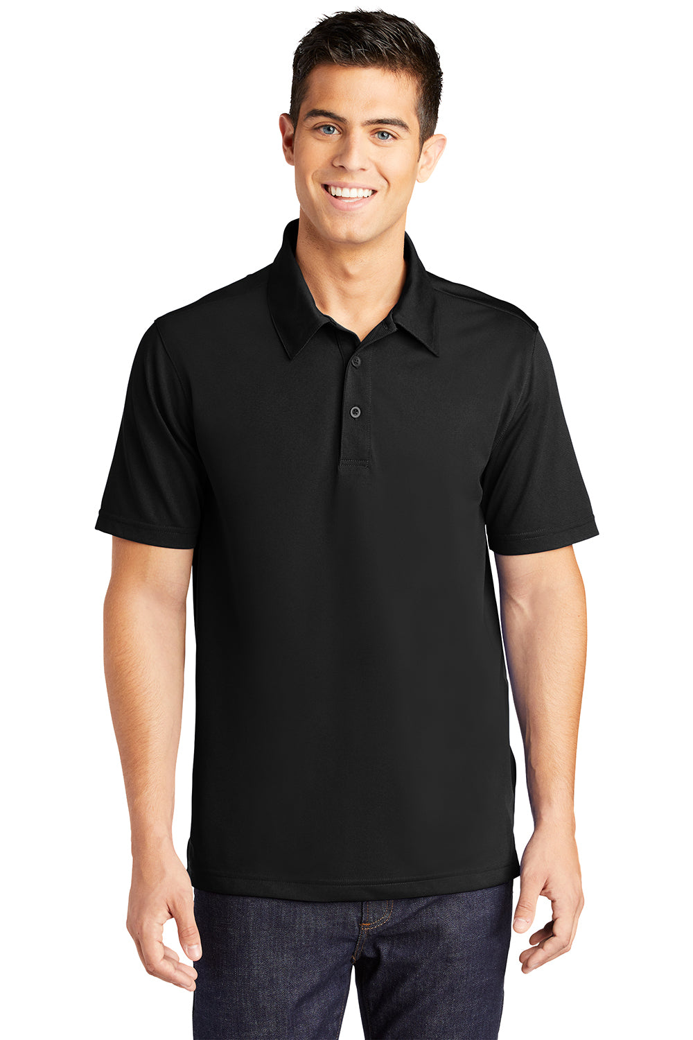 Sport-Tek ST690 Mens Active Mesh Moisture Wicking Short Sleeve Polo Shirt Black Model Front