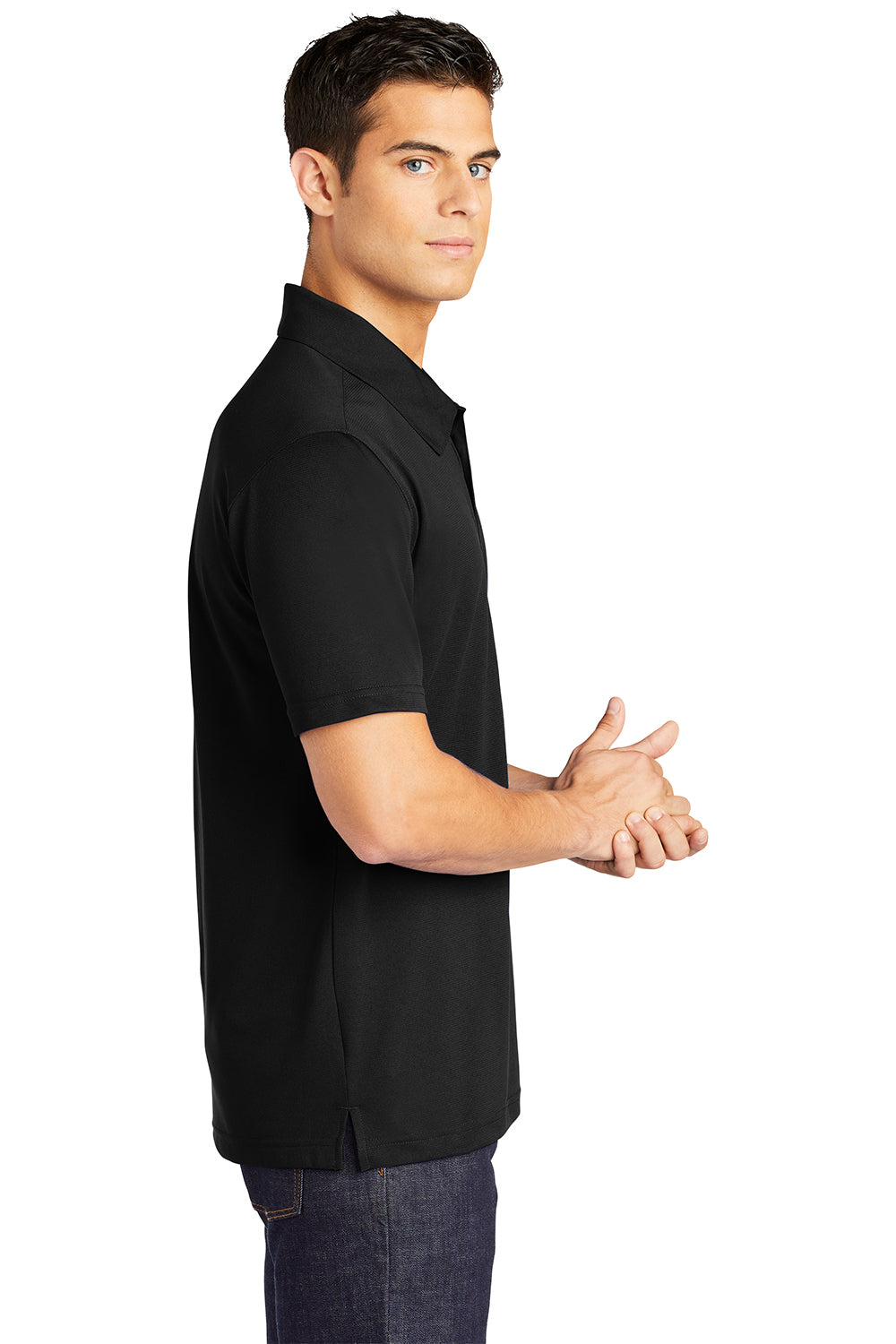 Sport-Tek ST690 Mens Active Mesh Moisture Wicking Short Sleeve Polo Shirt Black Model Side