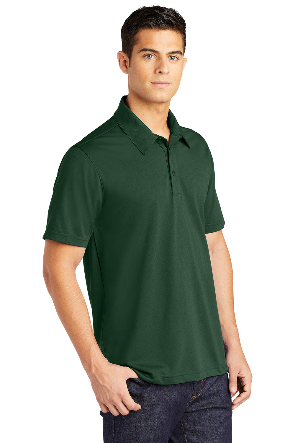 Sport-Tek ST690 Mens Active Mesh Moisture Wicking Short Sleeve Polo Shirt Forest Green Model 3q