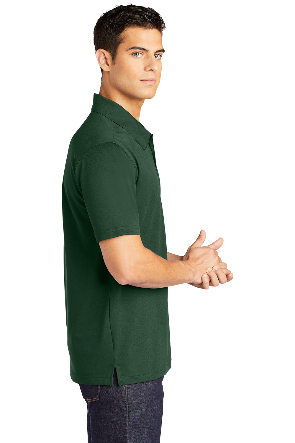 Sport-Tek ST690 Mens Active Mesh Moisture Wicking Short Sleeve Polo Shirt Forest Green Model Side