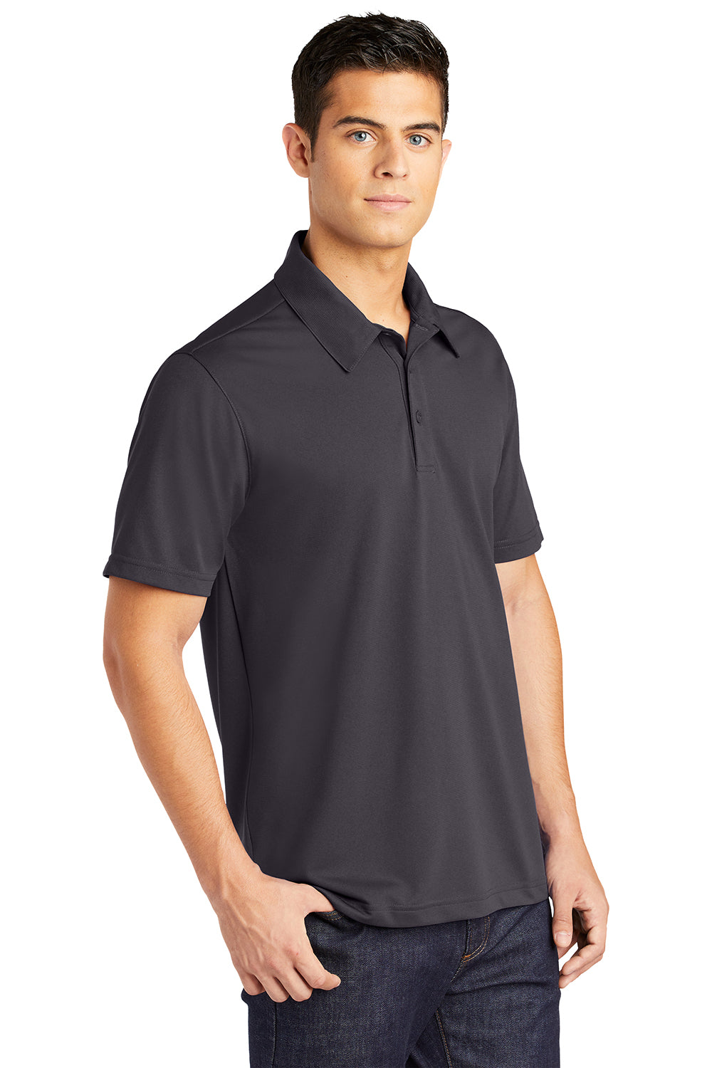 Sport-Tek ST690 Mens Active Mesh Moisture Wicking Short Sleeve Polo Shirt Iron Grey Model 3q