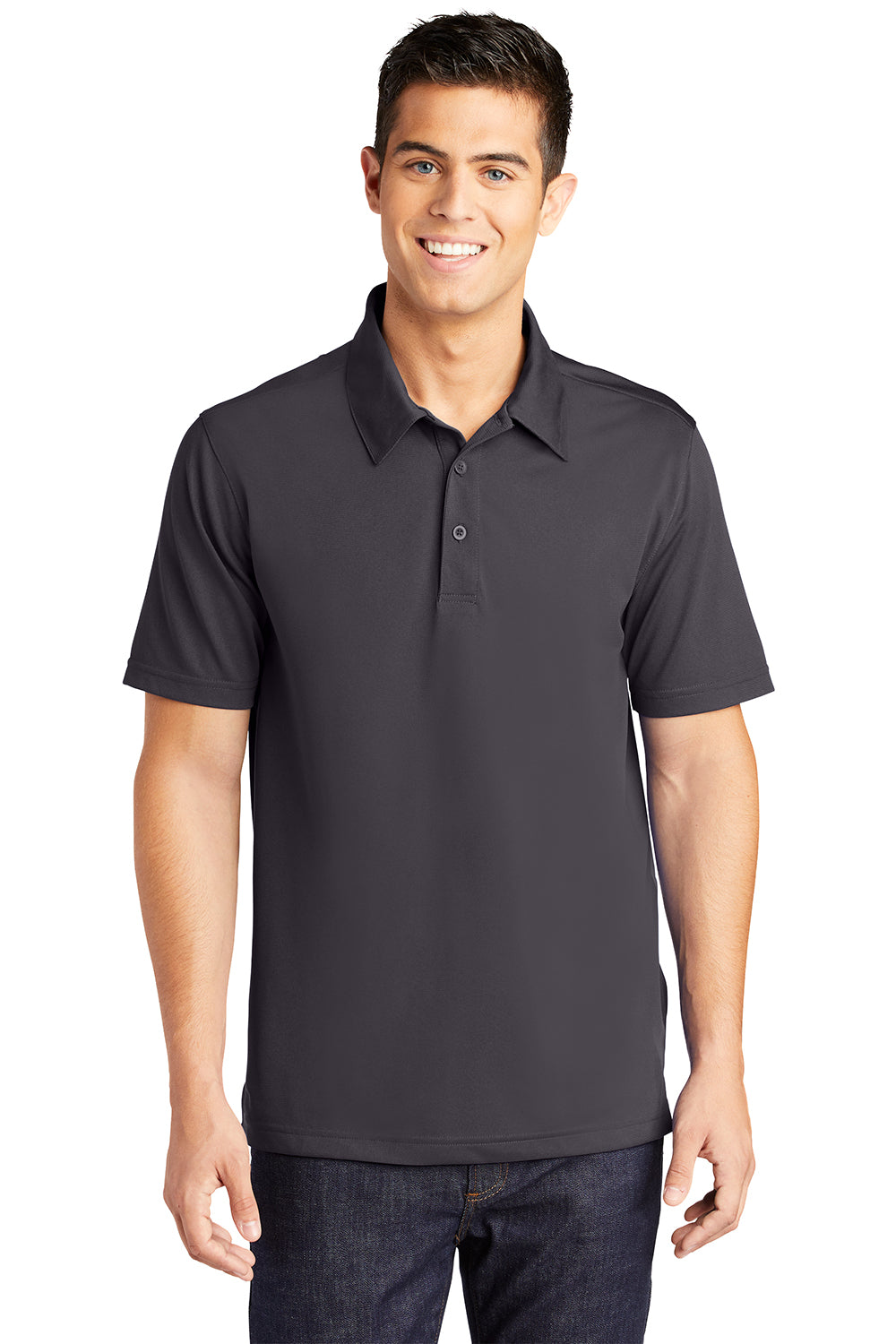 Sport-Tek ST690 Mens Active Mesh Moisture Wicking Short Sleeve Polo Shirt Iron Grey Model Front