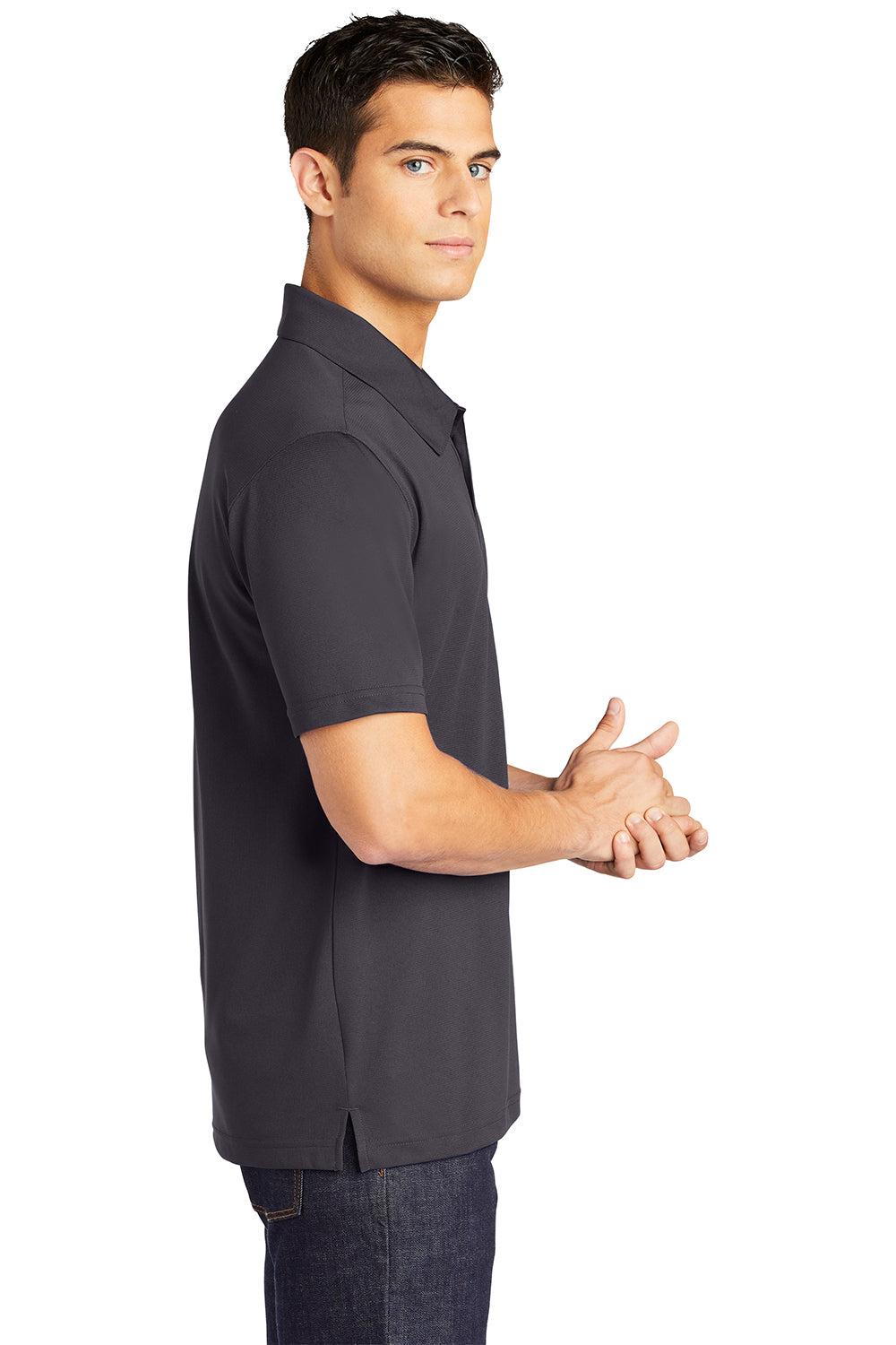 Sport-Tek ST690 Mens Active Mesh Moisture Wicking Short Sleeve Polo Shirt Iron Grey Model Side