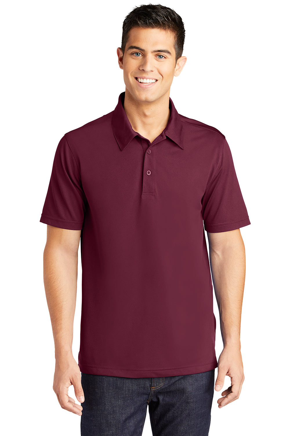 Sport-Tek ST690 Mens Active Mesh Moisture Wicking Short Sleeve Polo Shirt Maroon Model Front