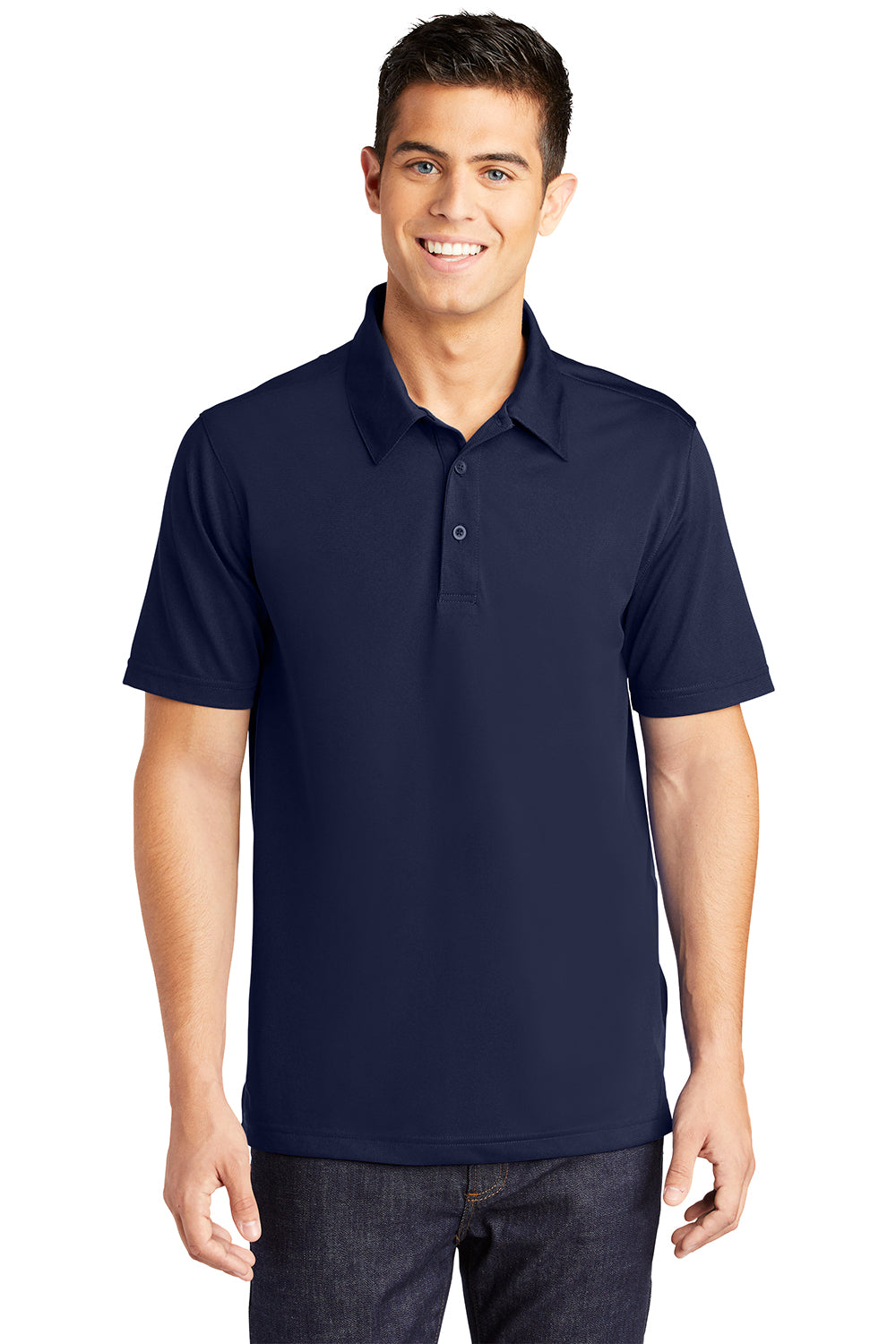 Sport-Tek ST690 Mens Active Mesh Moisture Wicking Short Sleeve Polo Shirt True Navy Blue Model Front