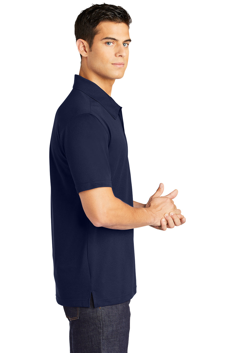 Sport-Tek ST690 Mens Active Mesh Moisture Wicking Short Sleeve Polo Shirt True Navy Blue Model Side