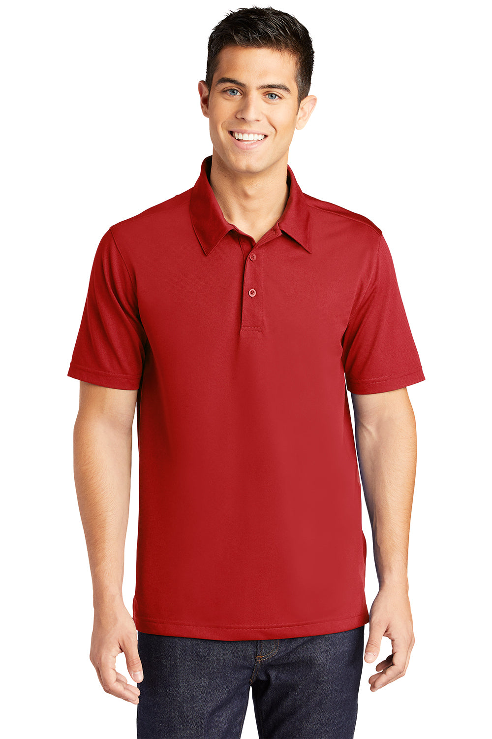 Sport-Tek ST690 Mens Active Mesh Moisture Wicking Short Sleeve Polo Shirt True Red Model Front